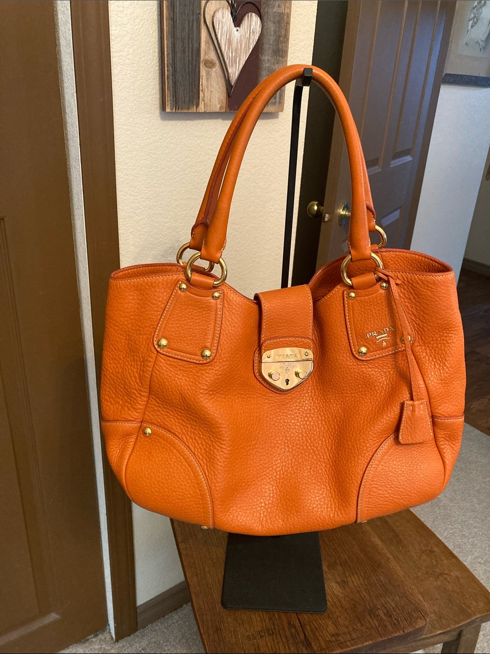 Prada Vitello Daino Pebbled Leather Push Lock Tote Bag EUC